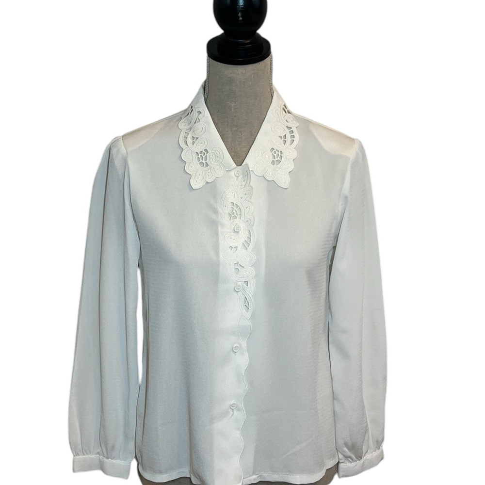 Vtg Japanese Elegant White Lace Collar Shirt Cottagecore Size S